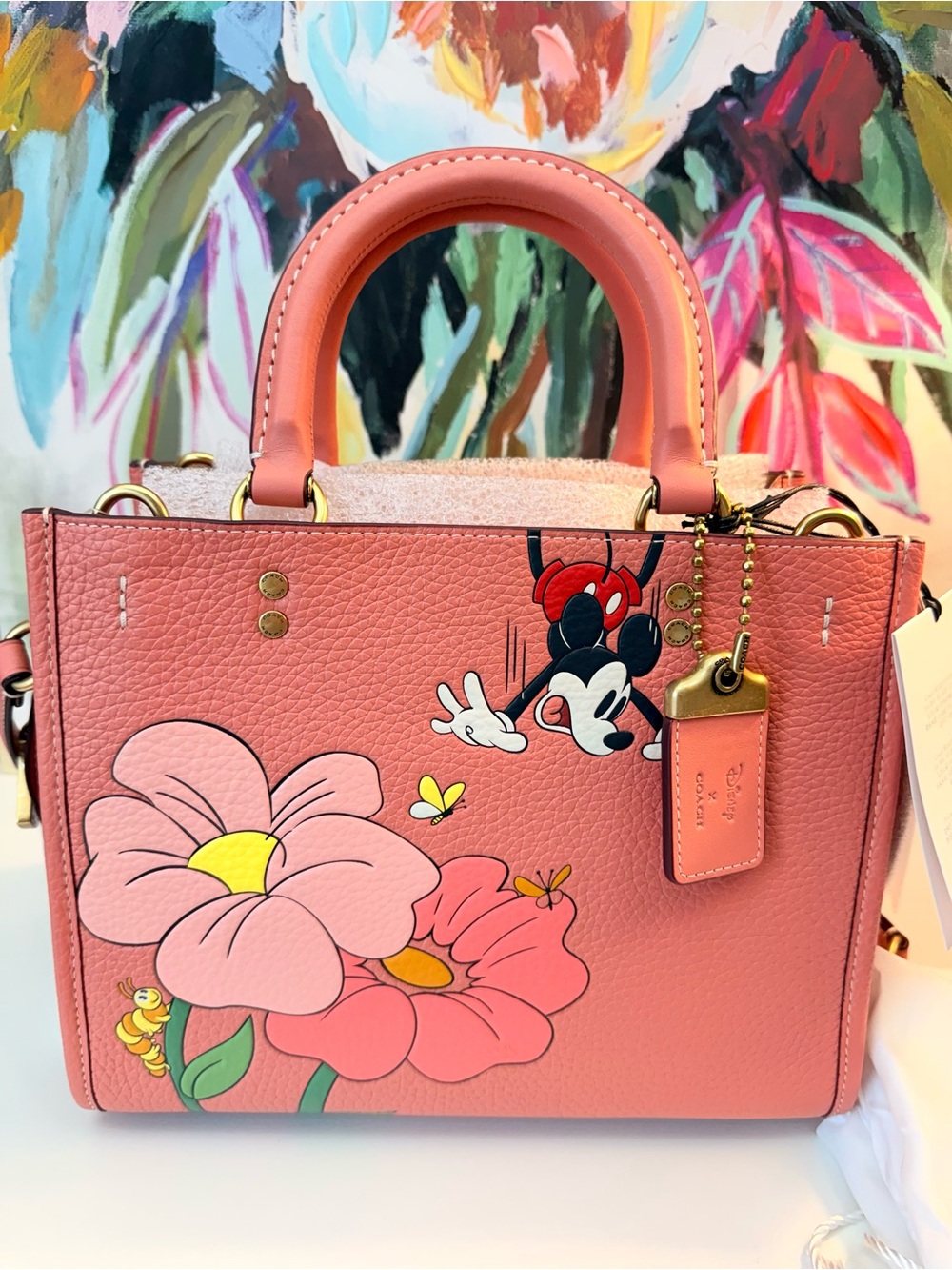 Rare Collectible DISNEY X COACH Rogue 25 Leather Mickey Mouse Flower Pink NWT - Picture 2 of 13